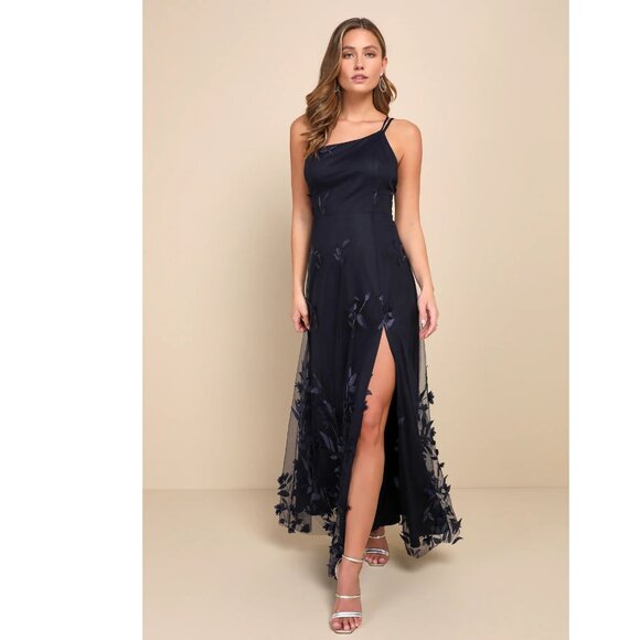NEW Lulus Regal Poise Navy Blue 3D Floral Applique One-Shoulder Maxi Dress P3433 - Picture 1 of 10